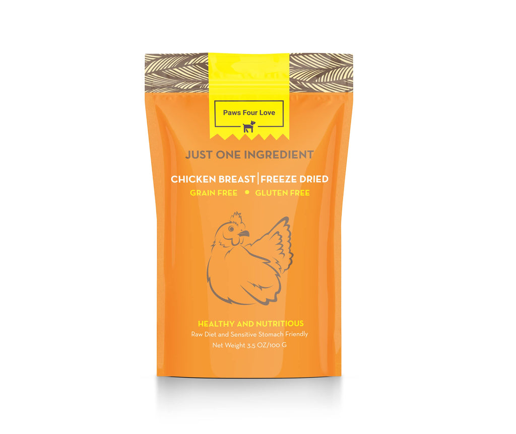 PawsFourLove Organic Freeze Dried Dog & Cat Treats - Single Ingredient Grain Free Food Toppers for Healthy Pets No Fillers or Preservatives (Chicken 3.5 oz Bag) 3 Count